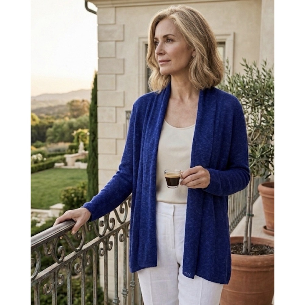 Eileen Fisher Linen Blend Open Front Cardigan Sweater XS Royal Blue Duster Midi